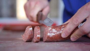 Turkish sausage slicing. Turkish food sausage. video