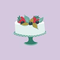 Delicious cake decorated with berries and mint leaves on cake stand. Tasty dessert, confection or sweet pastry. Hand drawn vector illustration.