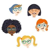 Cute vector collection of smiling kids portraits.  Colorful hand drawn illustrations with multinational children wearing glasses isolated on white.