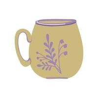 Ceramic tea cup. Coffee cup with herbal ornament. Funny drink crockery. Handmade tableware. Vector illustration isolated on white background.