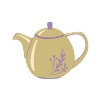 Ceramic teapot with herbal ornament. Traditional drink crockery. Handmade tableware. Vector illustration isolated on white background.