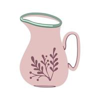 Ceramic milk jug with herbal ornament.  Capacity for drink. Handmade tableware. Vector illustration isolated on white background.