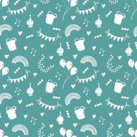 White silhouette of party elements on turquoise background. Seamless birthday pattern. Vector illustration. Cute print for kid's party design, textile, wallpaper.