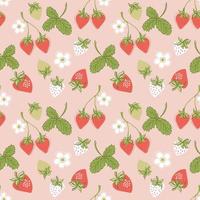 Colorful seamless strawberry pattern with strawberry leaves and flowers on pink background. Hand drawn style vector illustration.