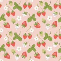 Colorful seamless strawberry pattern with strawberry leaves and flowers on pink background. Hand drawn style vector illustration.