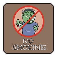 Cartoon Mascot Of Cute Frankenstein With No Smoking Here Signboard.