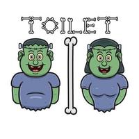 Cartoon Mascot Of Cute Frankenstein Man and Girl With Toilet Signboard.