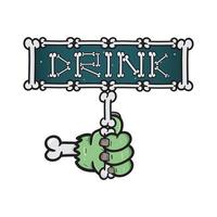 mascota de dibujos animados de manos de frankenstein con bebida de letrero. vector