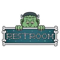Cartoon Mascot Of Cute Frankenstein With Restroom Signboard. vector