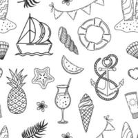 patrón sin costuras de elementos de verano lindos monocromos dibujados a mano frutas, bebidas, hojas de palma, flores. textura interminable. ilustración vectorial estilo garabato. vector