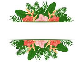 Summer cute frame with palm leaves and exotic flowers. Place for text.  Template for design. Vector illustration. cartoon style