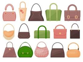 Set of colorful fashion bags. Icons isolated on white. Cartoon style. Vector illustration.