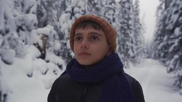 pojke tar djupa andetag i skogen på vintern. barnet med en kontemplativ blick i skogen tar ett djupt andetag och ger det tillbaka. video