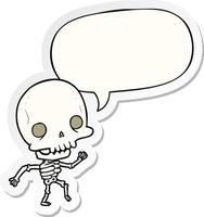 cute cartoon dancing skeleton and speech bubble sticker vector