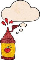 cartoon ketchup bottle and thought bubble in grunge texture pattern style vector