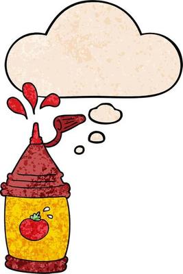 cartoon ketchup bottle and thought bubble in grunge texture pattern style