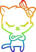 rainbow gradient line drawing cute cartoon cat with bow vector