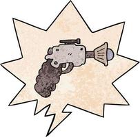 pistola de rayos de dibujos animados y burbuja de habla en estilo de textura retro vector