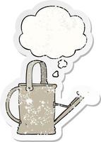 cartoon watering can and thought bubble as a distressed worn sticker vector