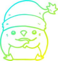 cold gradient line drawing cute cartoon penguin wearing christmas hat vector