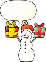 cartoon snowman and present and speech bubble in smooth gradient style vector