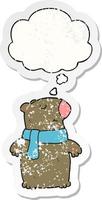 cartoon bear and thought bubble as a distressed worn sticker vector