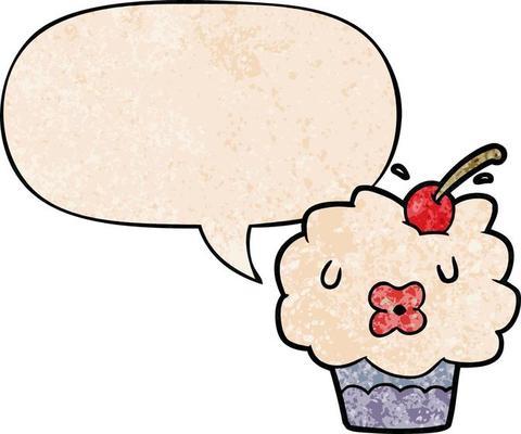 funny cartoon cupcake and speech bubble in retro texture style