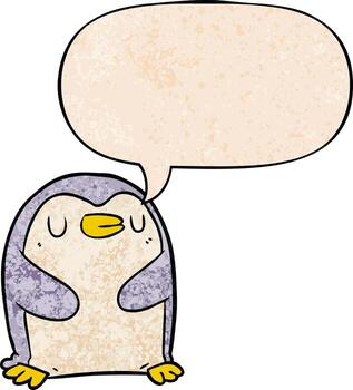 caricatura, pingüino, y, burbuja del discurso, en, retro, textura, estilo vector
