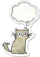 cartoon cat and thought bubble as a distressed worn sticker vector