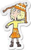 retro distressed sticker of a cartoon woman wearing winter hat vector