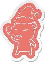 angry polar bear cartoon  sticker of a wearing santa hat vector