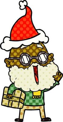 comic book style illustration of a joyful man with beard and parcel under arm wearing santa hat