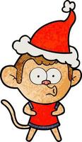 textured cartoon of a surprised monkey wearing santa hat vector