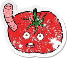 retro distressed sticker of a cartoon tomato with worm vector
