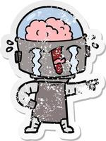 distressed sticker of a cartoon crying robot pointing vector