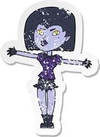 retro distressed sticker of a cartoon vampire girl vector