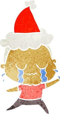 retro cartoon of a crying old lady wearing santa hat