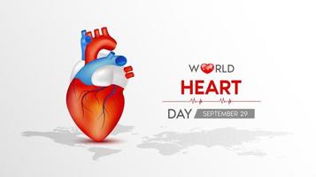 World Heart Day. Red heart with white world map. Abstract heartbeat Background banner, heart wave. 3D vector illustration.