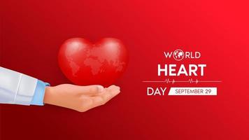 World Heart Day. Doctor hand holding red heart with white world map. Abstract heartbeat Background banner, heart wave. 3D vector illustration.