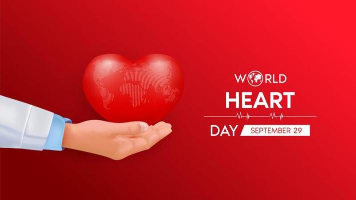 World Heart Day. Doctor hand holding red heart with white world map. Abstract heartbeat Background banner, heart wave. 3D vector illustration.