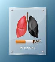 Forbidden no smoking sign, lung inside square translucent glass panels for stick wall. Dangers of smoking. Smoking effect on with people around and family. World No Tobacco Day. 3D vector. vector