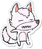 distressed sticker of a cartoon wolf showing teeth vector