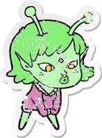 distressed sticker of a pretty cartoon alien girl vector