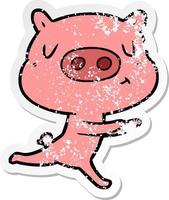 distressed sticker of a cartoon content pig running vector