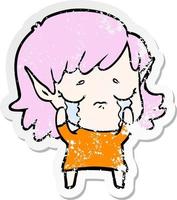 pegatina angustiada de una niña elfa llorando de dibujos animados vector