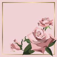 Vector square background with blooming pink roses and golden frame