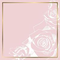 Vector square background with white contour roses and golden frame