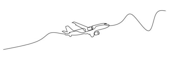 Single line drawing  commercial airplane takeoff and climb. Takeoff is the phase of flight in which an aerospace vehicle leaves the ground and becomes airborne. Vector illustration for transportation