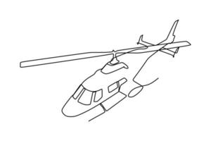 Single line drawing of a helicopter. A type of rotorcraft in which lift and thrust are supplied by horizontally spinning rotors. Vector illustration for transportation concept