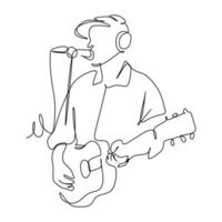 Continuous stroke drawing of a male singer sing a song and play music. Vector illustration of musician artist performance concept